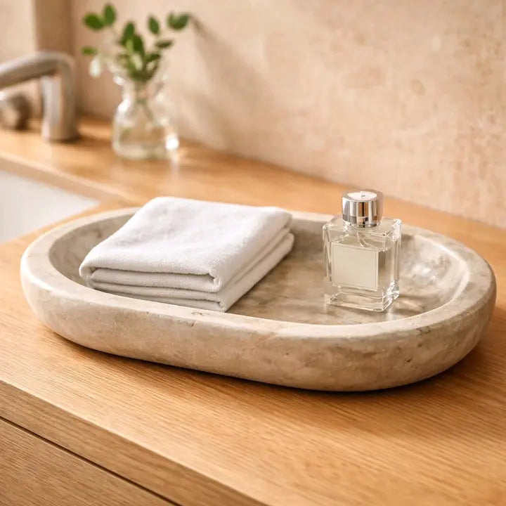 White Washed Wooden Oval Tray