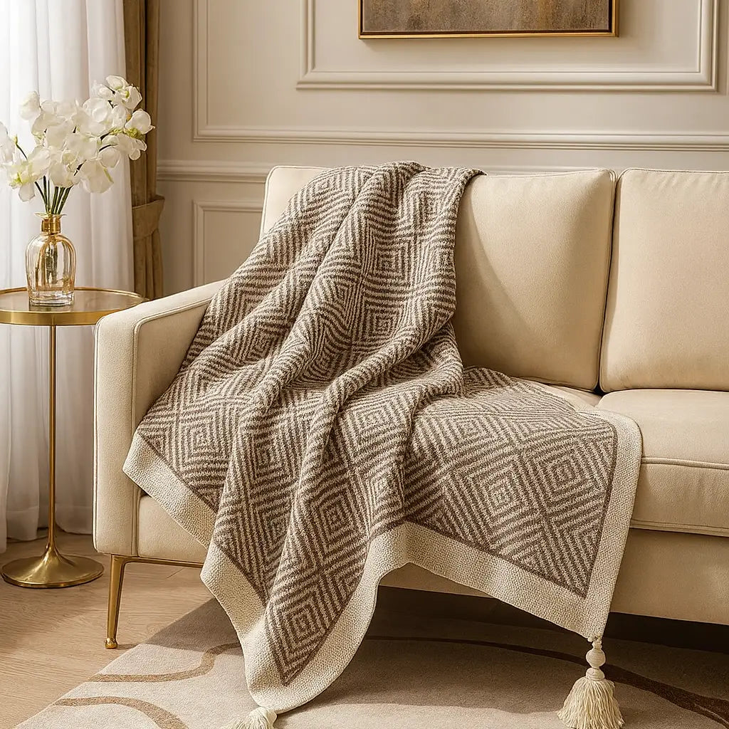 Taupe Geometric Diamond Throw Blanket