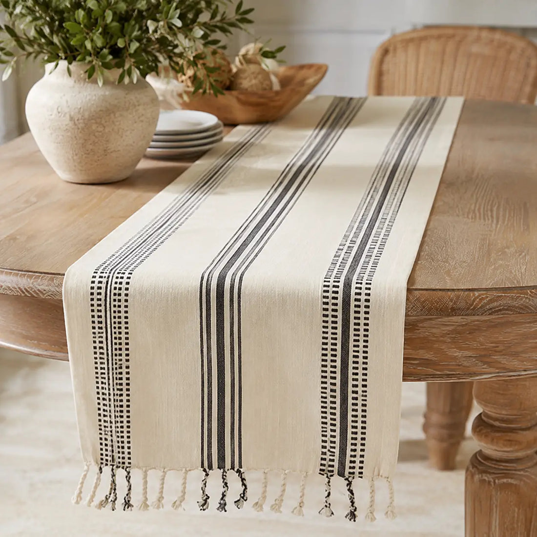 Black Striped Cotton Table Runner