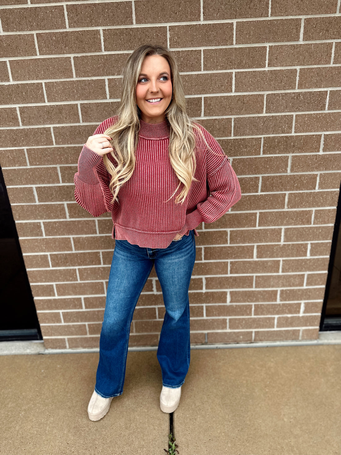 Lora Washed Side Slit Cropped Sweater