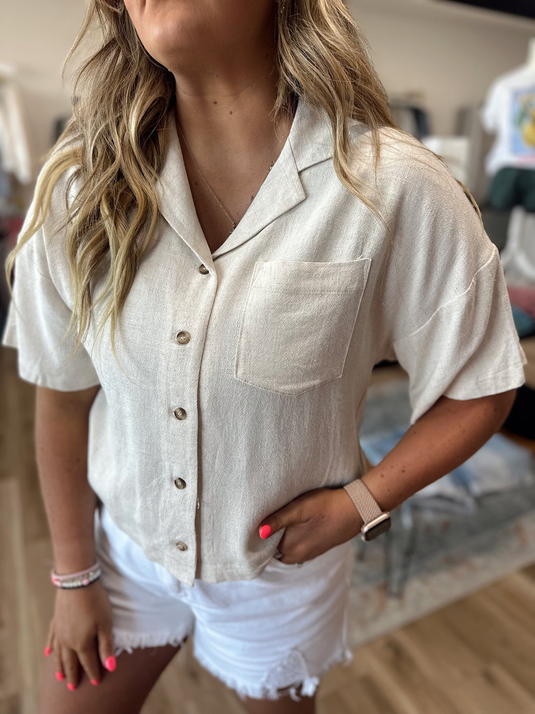 Linen Cropped Button Up