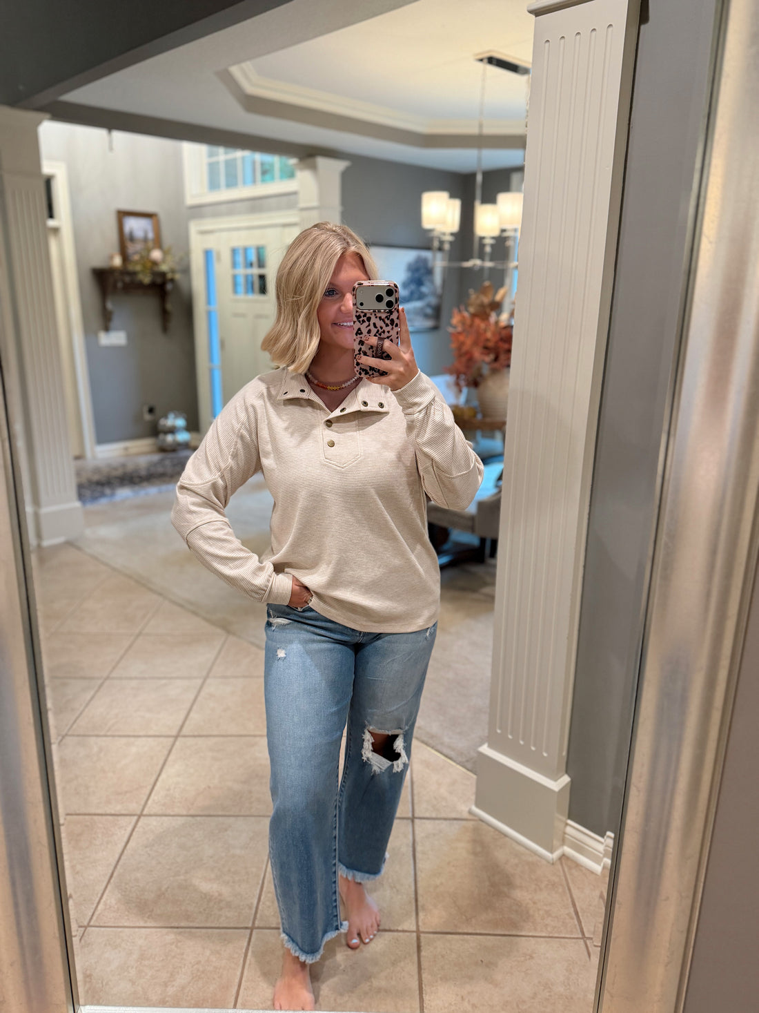 Hadley Striped Button Mock Neck Sweatshirt