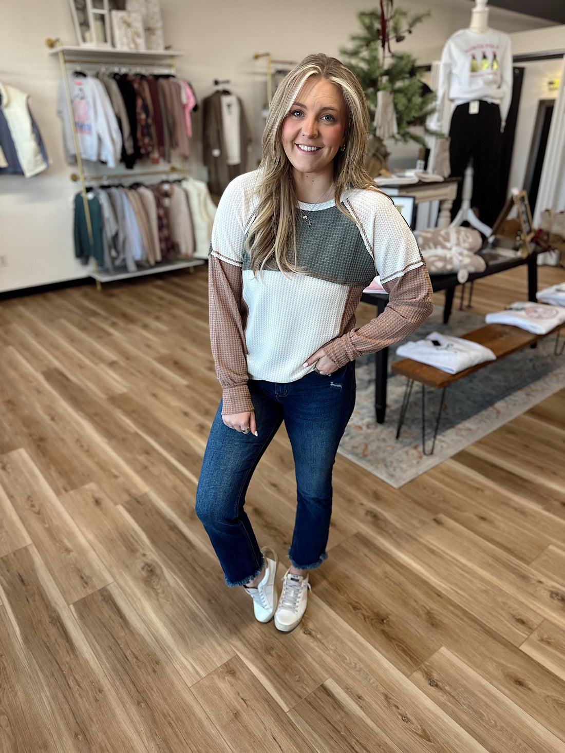 Nikki Waffle Color Block Top