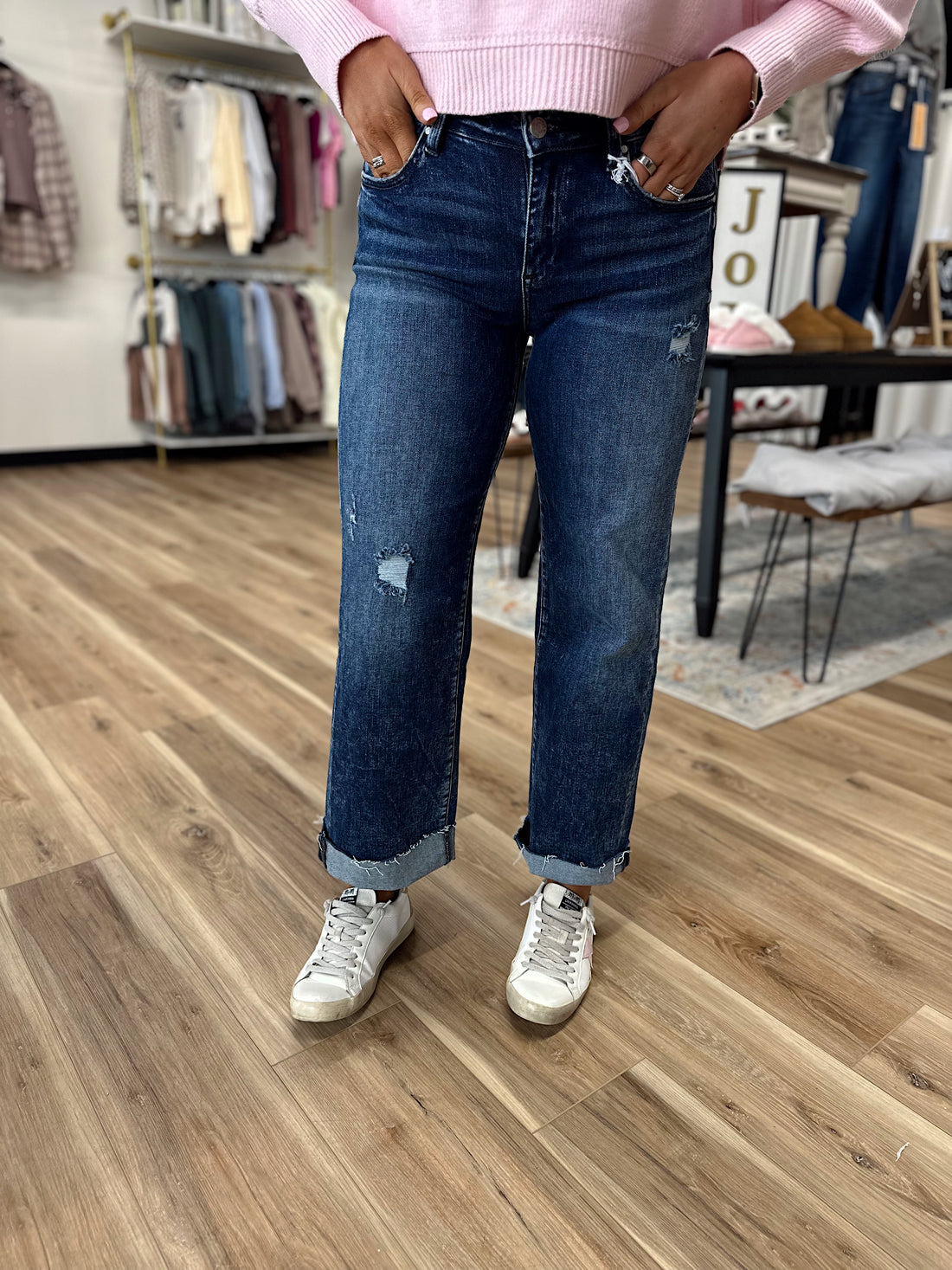 Jenna Mid Rise Cuffed Straight Denim