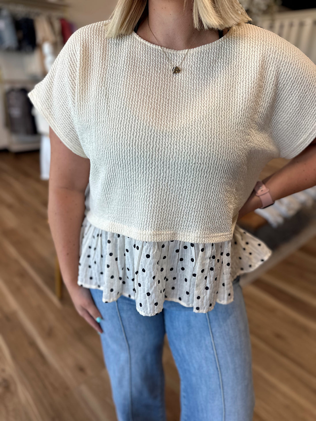 Berkley Polka Dot Ruffle Hem Top