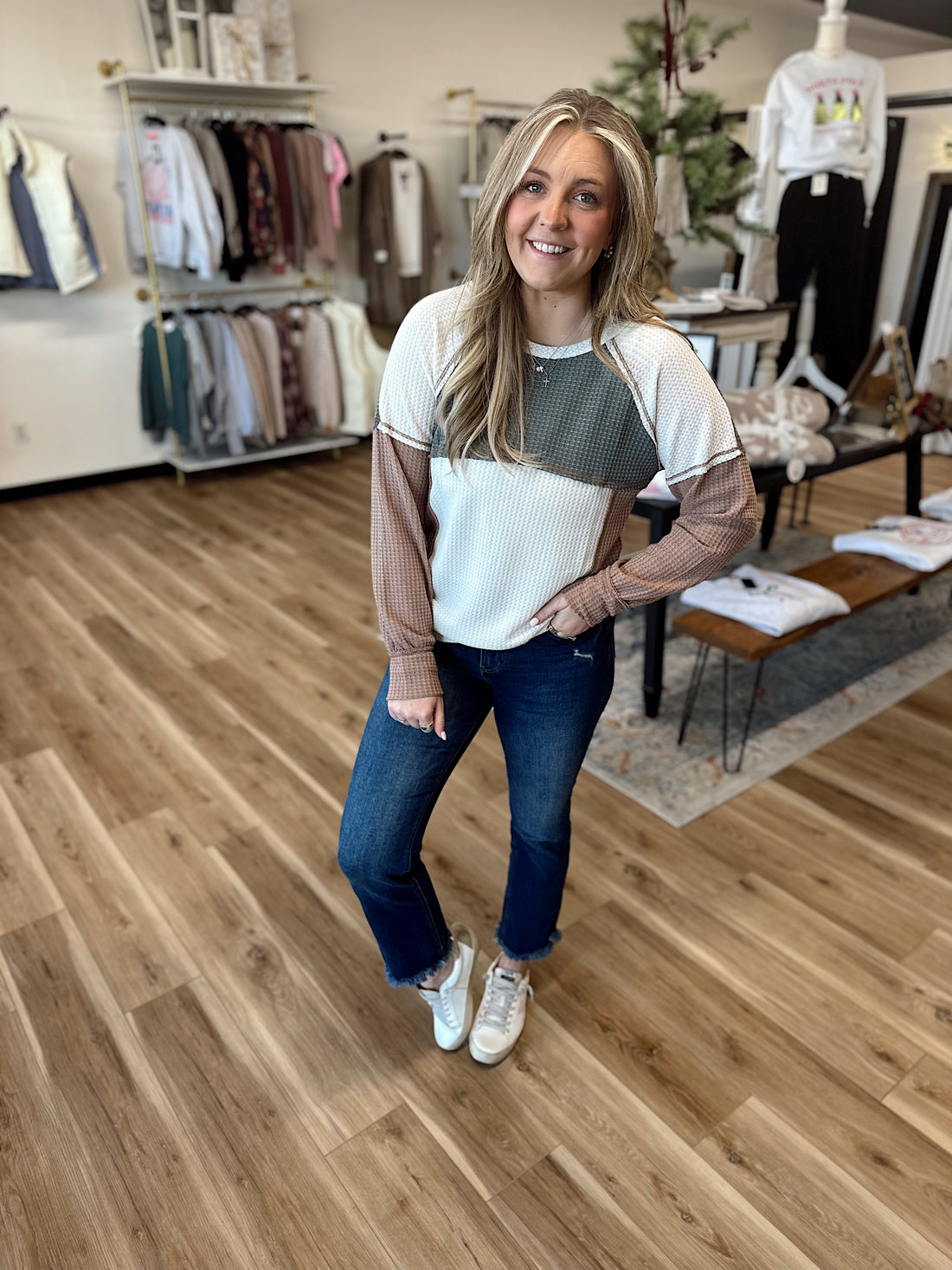 Nikki Waffle Color Block Top