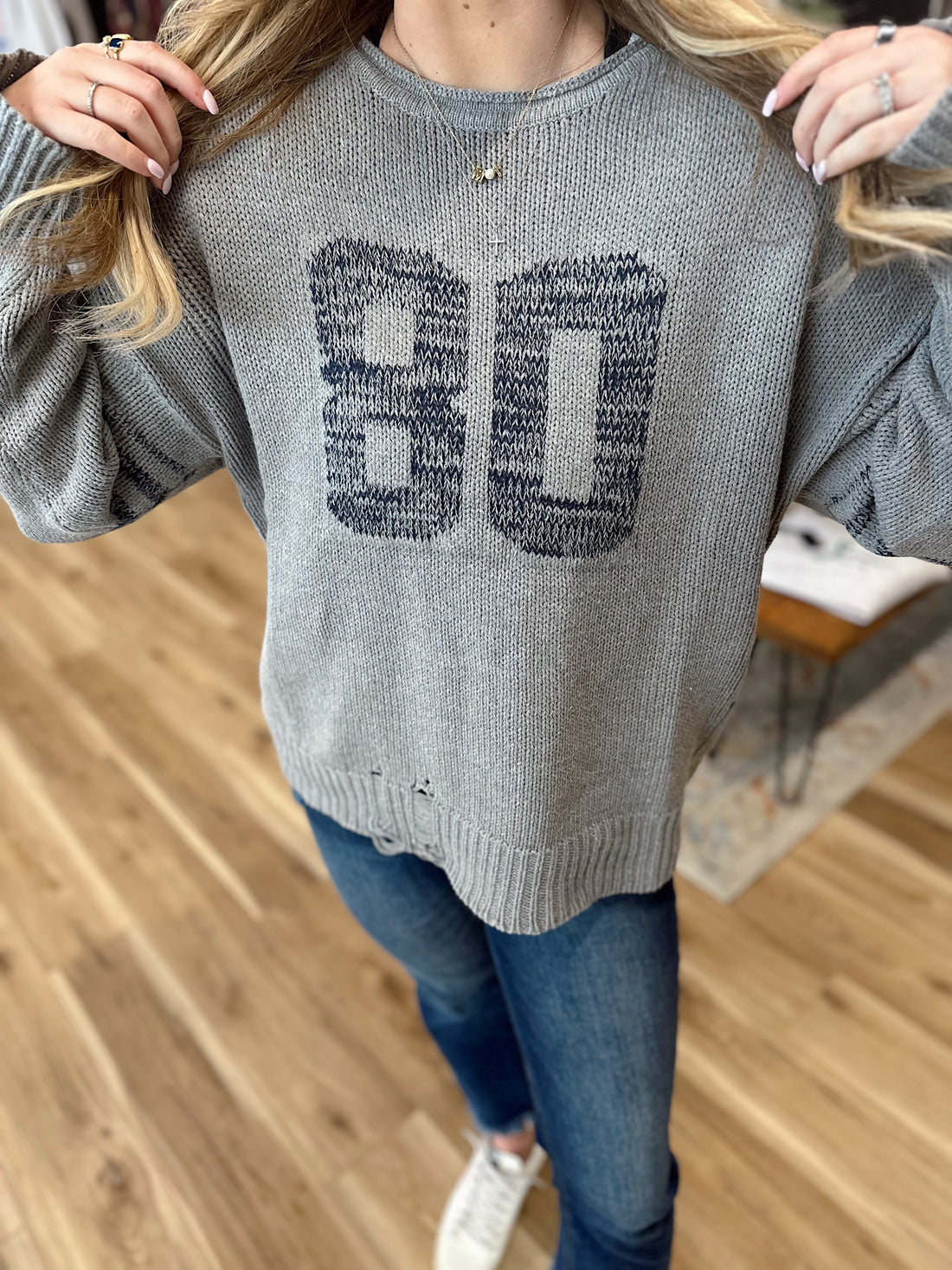 Mae Varsity Distressed Sweater