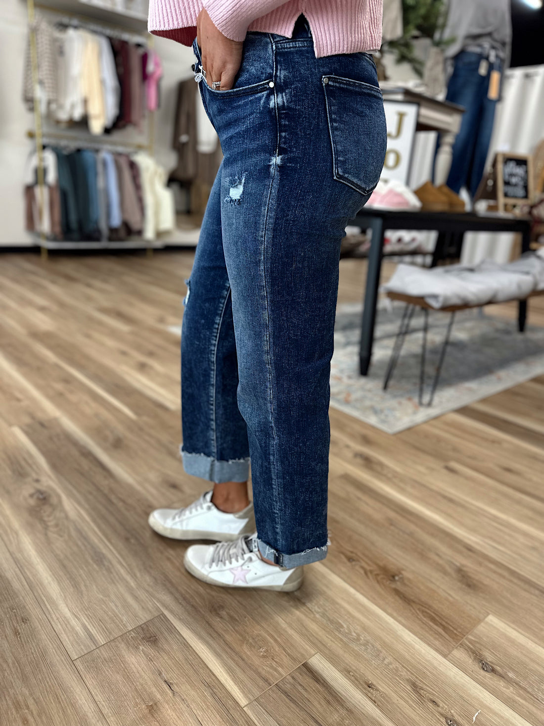 Jenna Mid Rise Cuffed Straight Denim