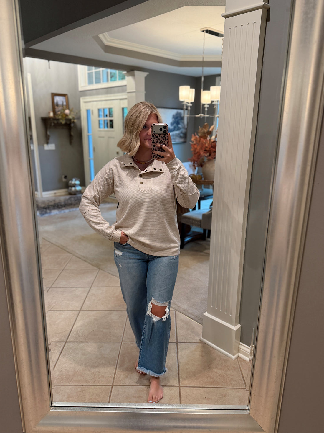 Hadley Striped Button Mock Neck Sweatshirt
