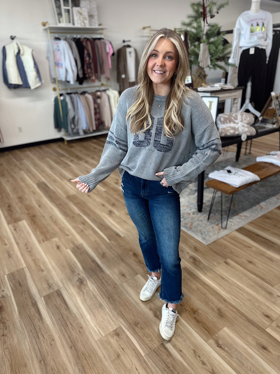 Mae Varsity Distressed Sweater