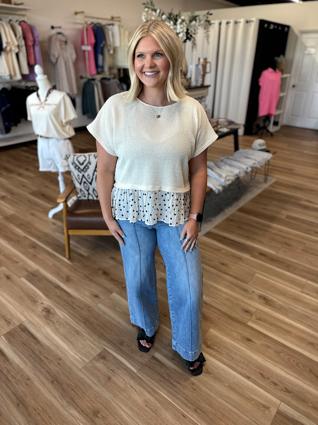 Berkley Polka Dot Ruffle Hem Top