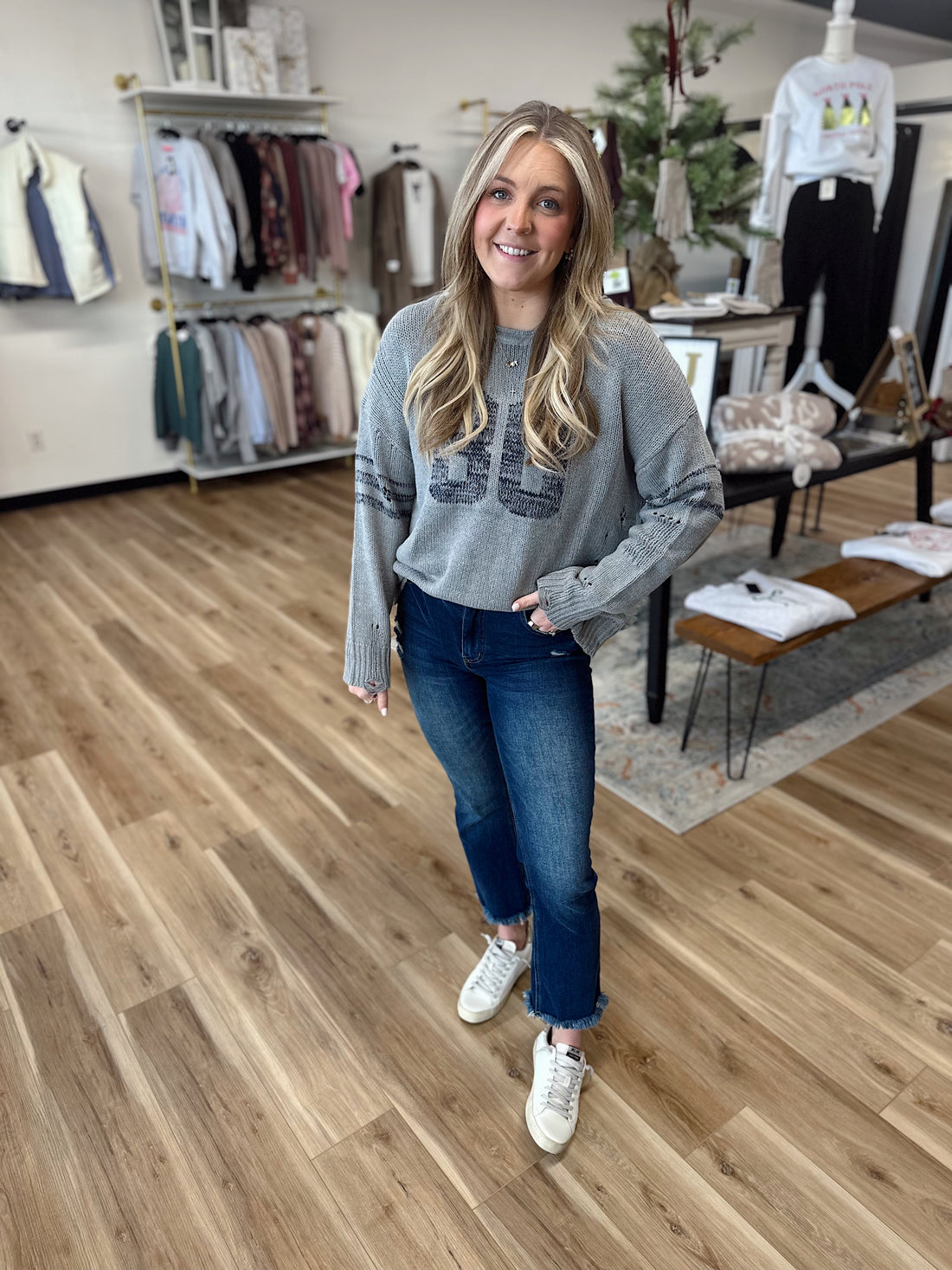 Mae Varsity Distressed Sweater