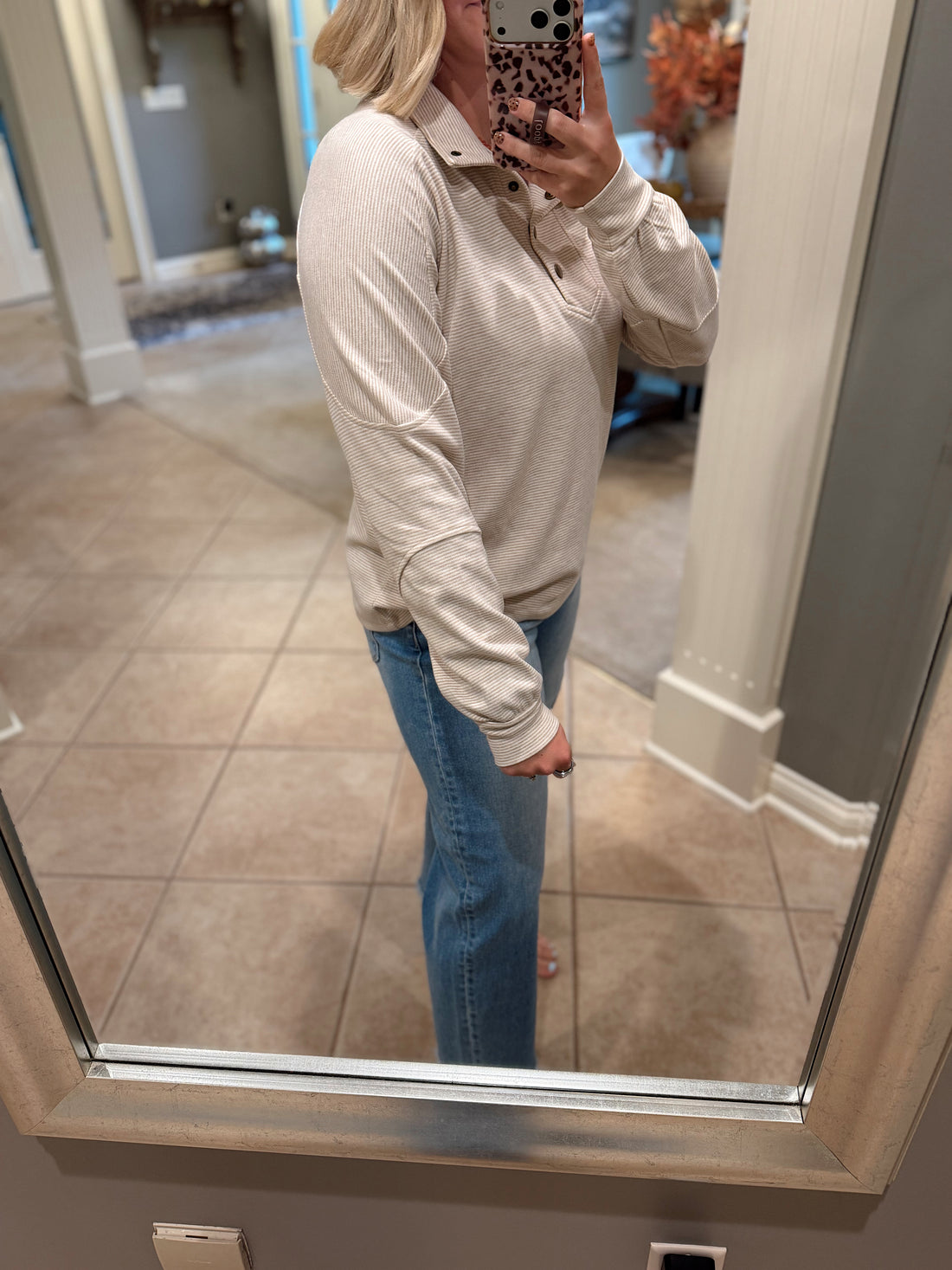Hadley Striped Button Mock Neck Sweatshirt