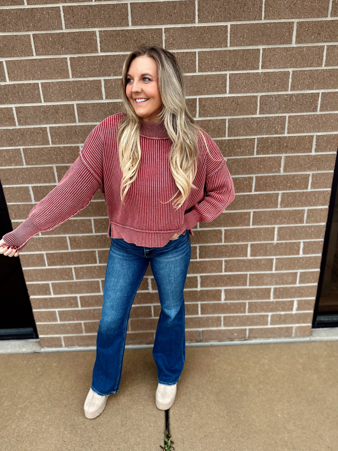 Lora Washed Side Slit Cropped Sweater