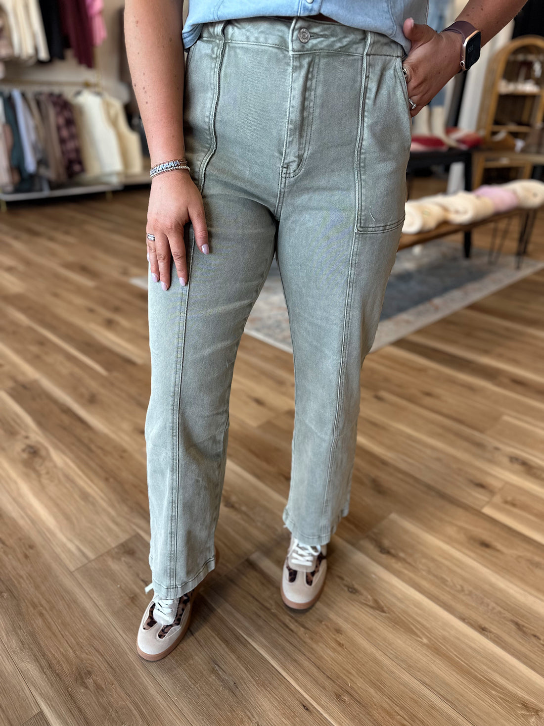 Missy Olive Denim Straight Leg Pants