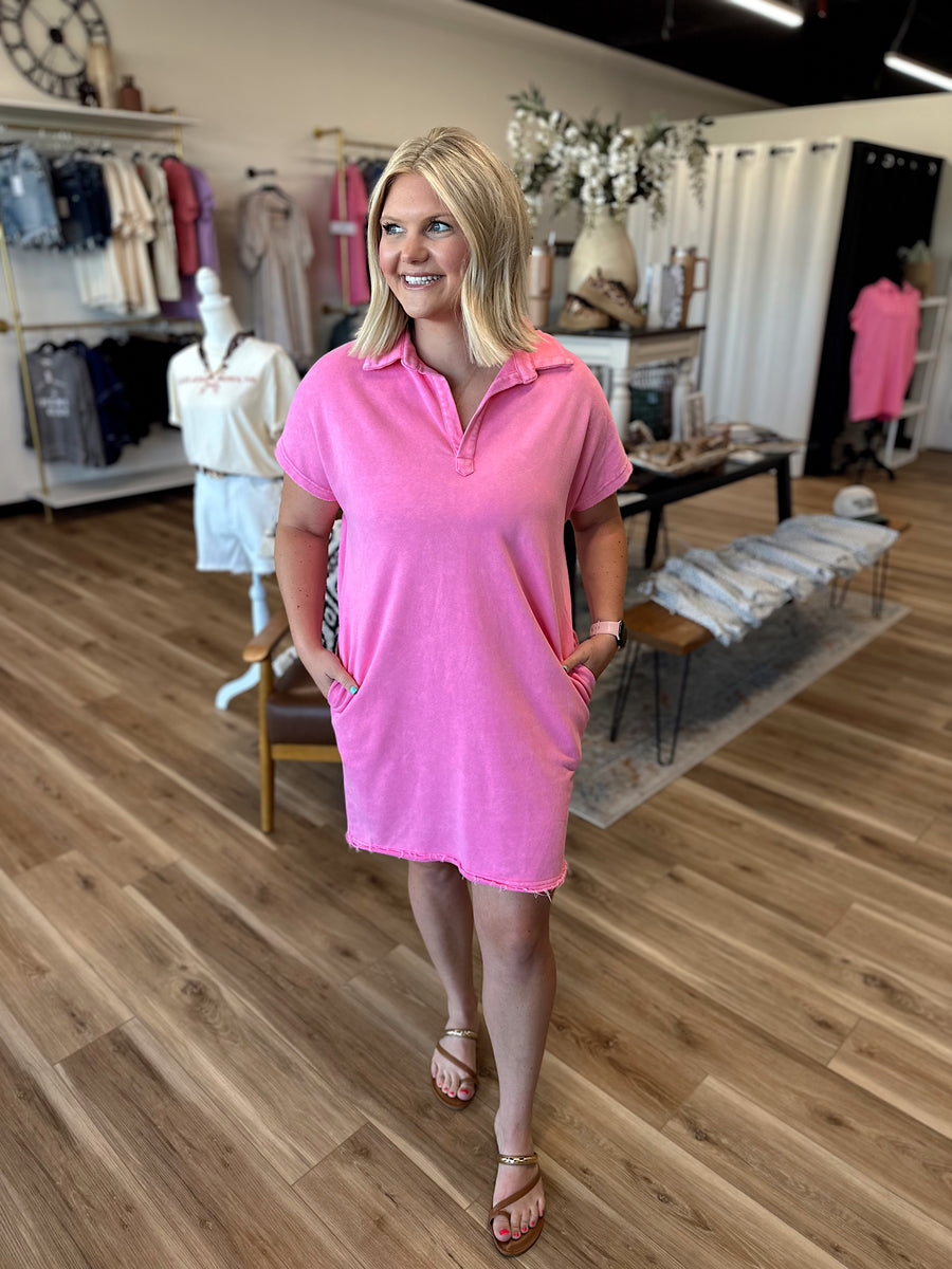 pink polo shirt dress Short Sleeve Collar Shell / L and may appear shorter because of relaxed rolled hem Mini Shift Polo Dress in