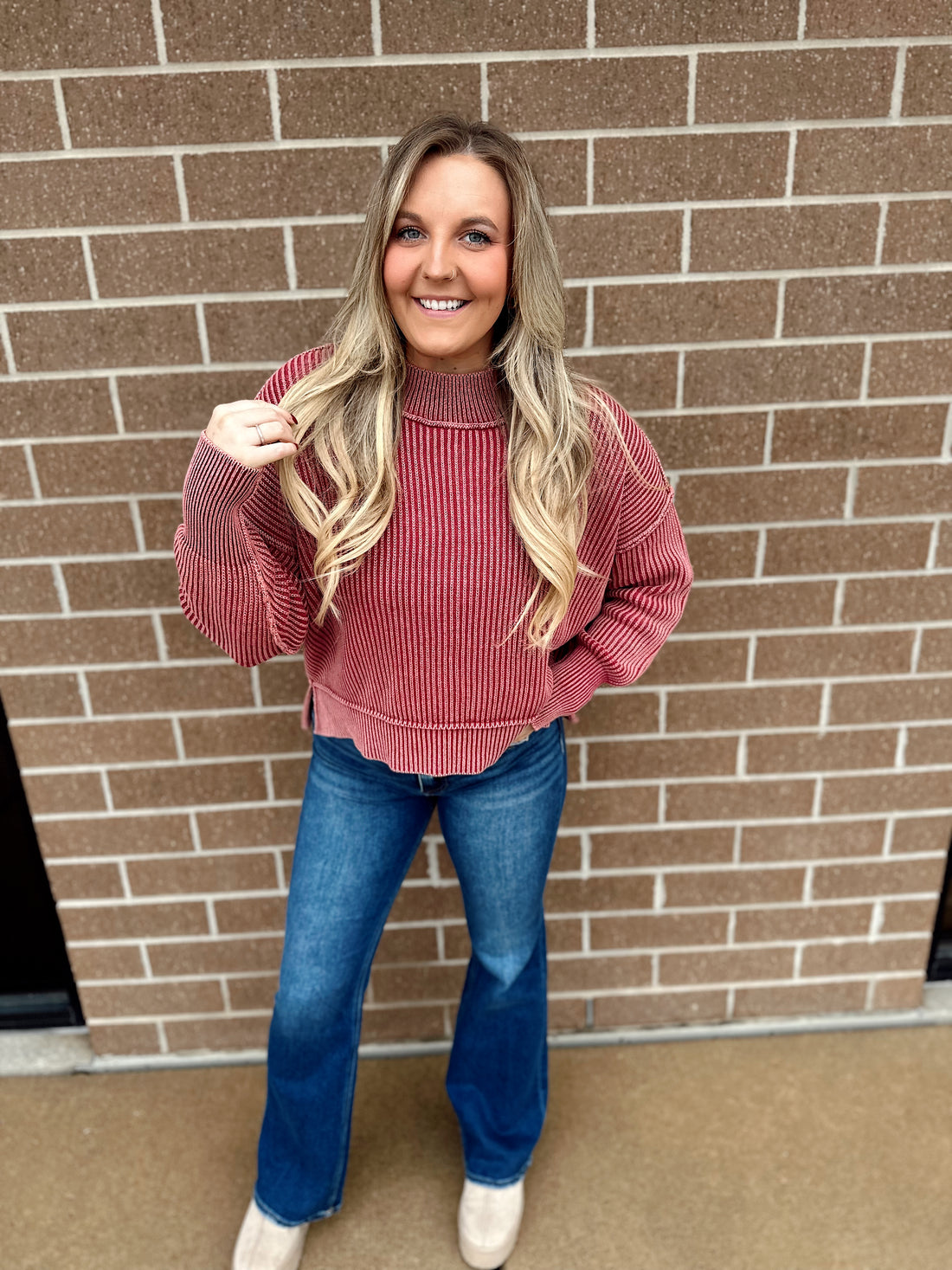 Lora Washed Side Slit Cropped Sweater