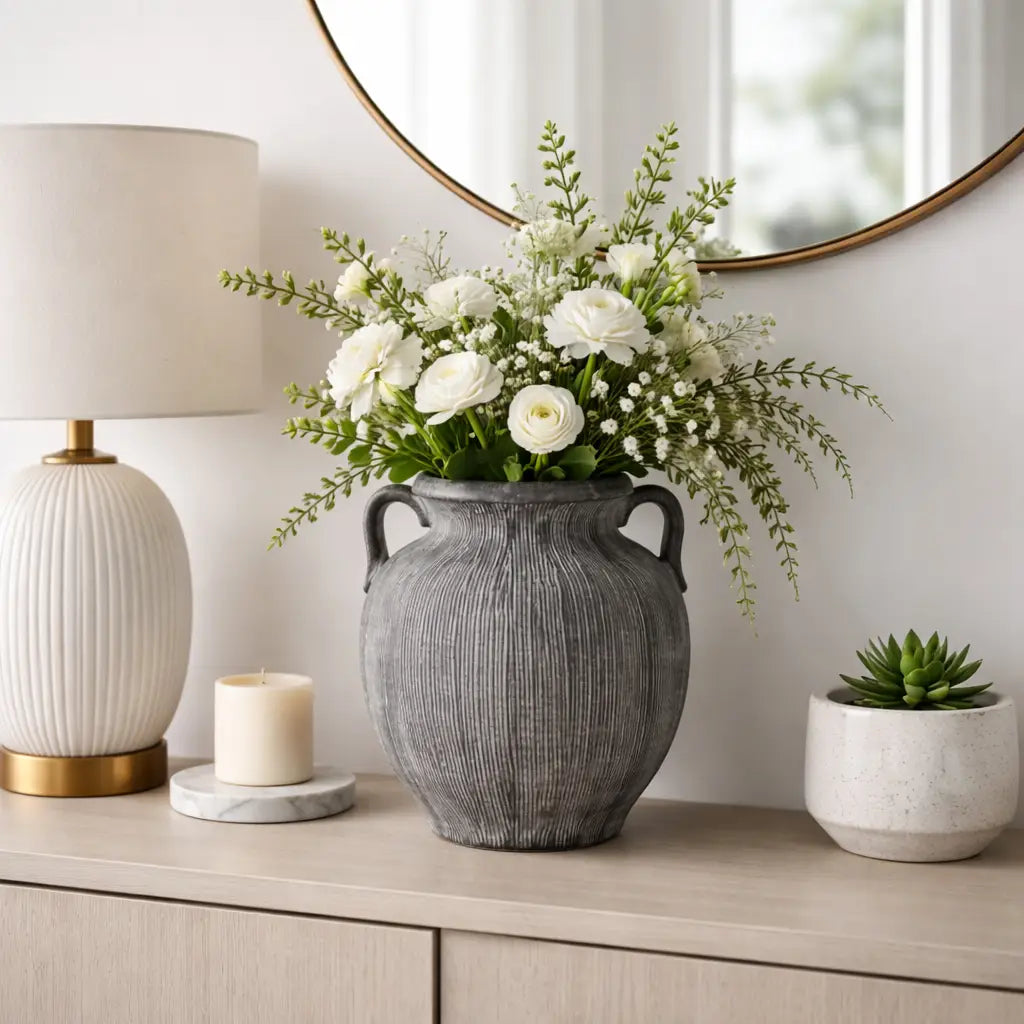 Black Ceramic Ribbed Weathered Handle Vase