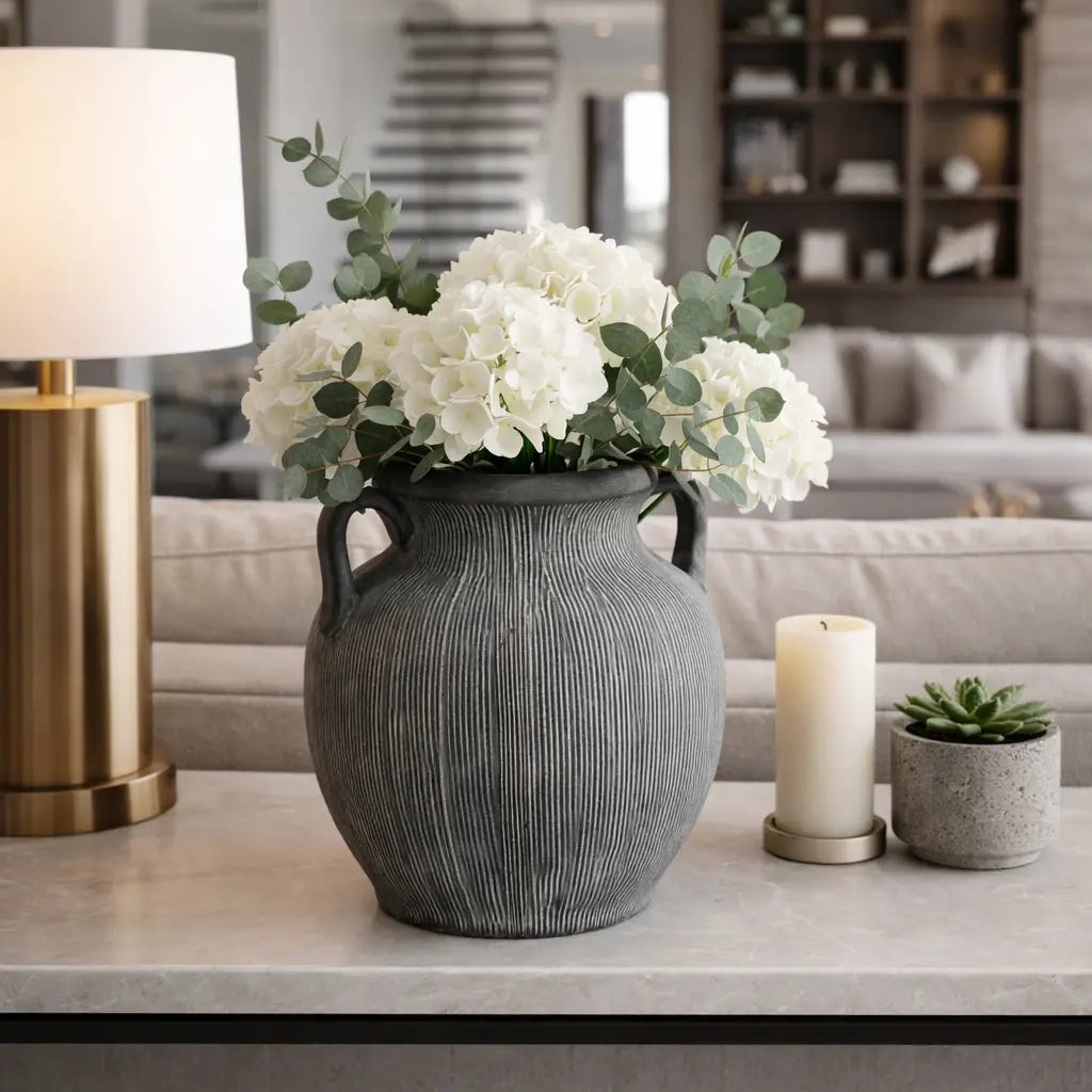 Black Ceramic Ribbed Weathered Handle Vase